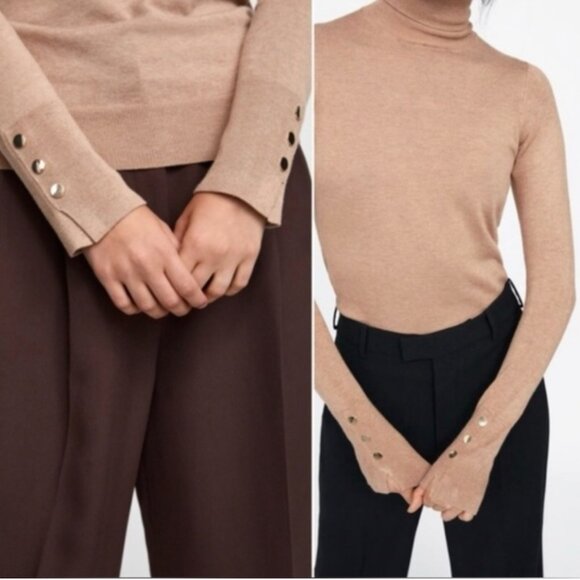 New Zara Tan Basic Knit Turtleneck Sweater Gold Sleeve Buttons Size S - Picture 2 of 12